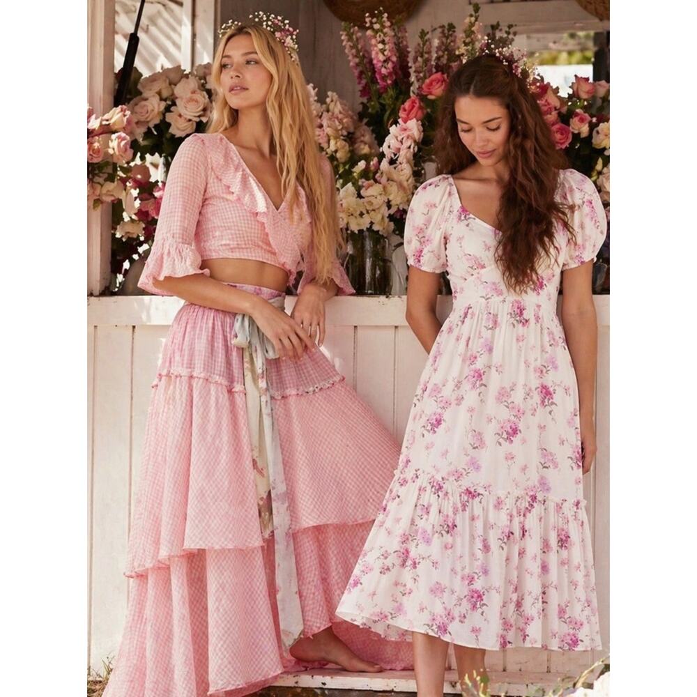 LoveShackFancy Angie Pink Floral Midi Dress Maxi Puff Sleeve Coquette Romantic 8